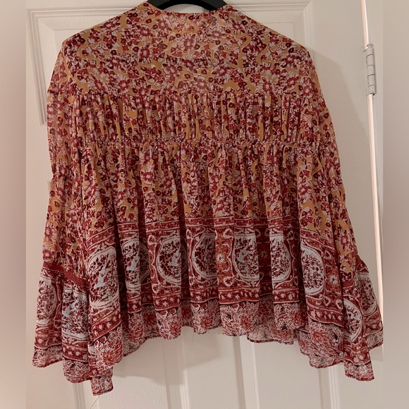 Free People Sheer Floral Long Sleeve Jacket with tie front in Red. One Size. - Picture 2 of 4